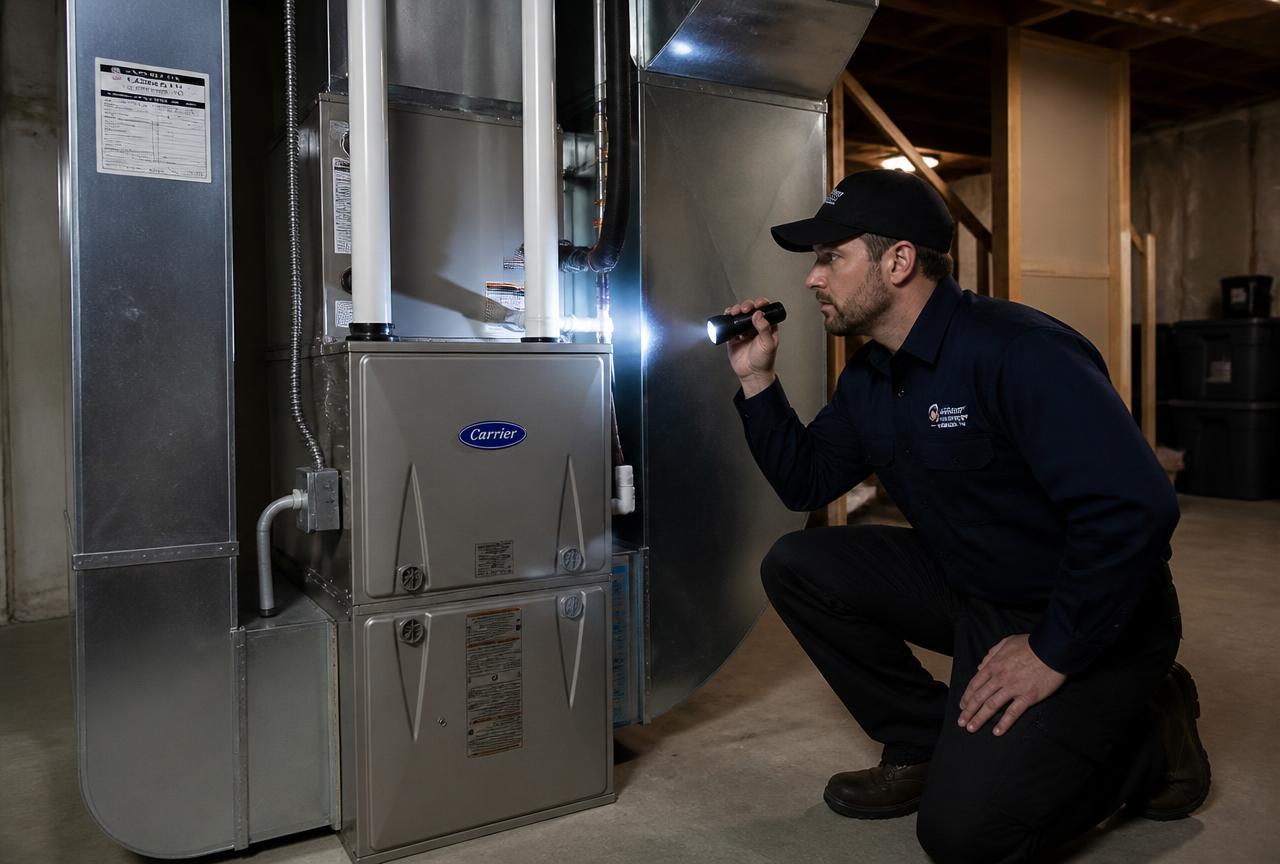 HVAC technician inspecting a high-efficiency residential gas furnace and ductwork in a basement utility room
