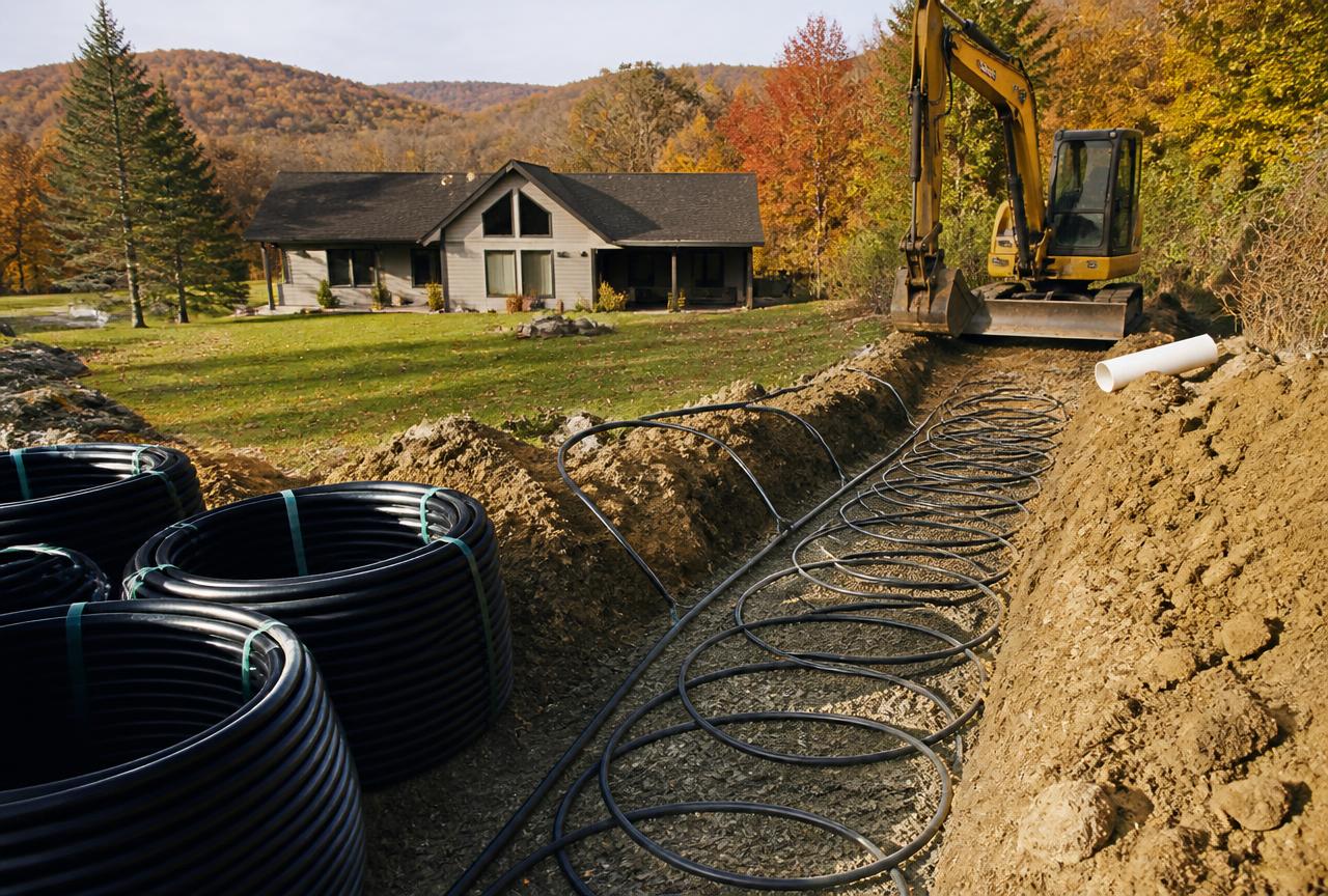 Geothermal ground-loop piping being installed in a trench beside a rural West Virginia home