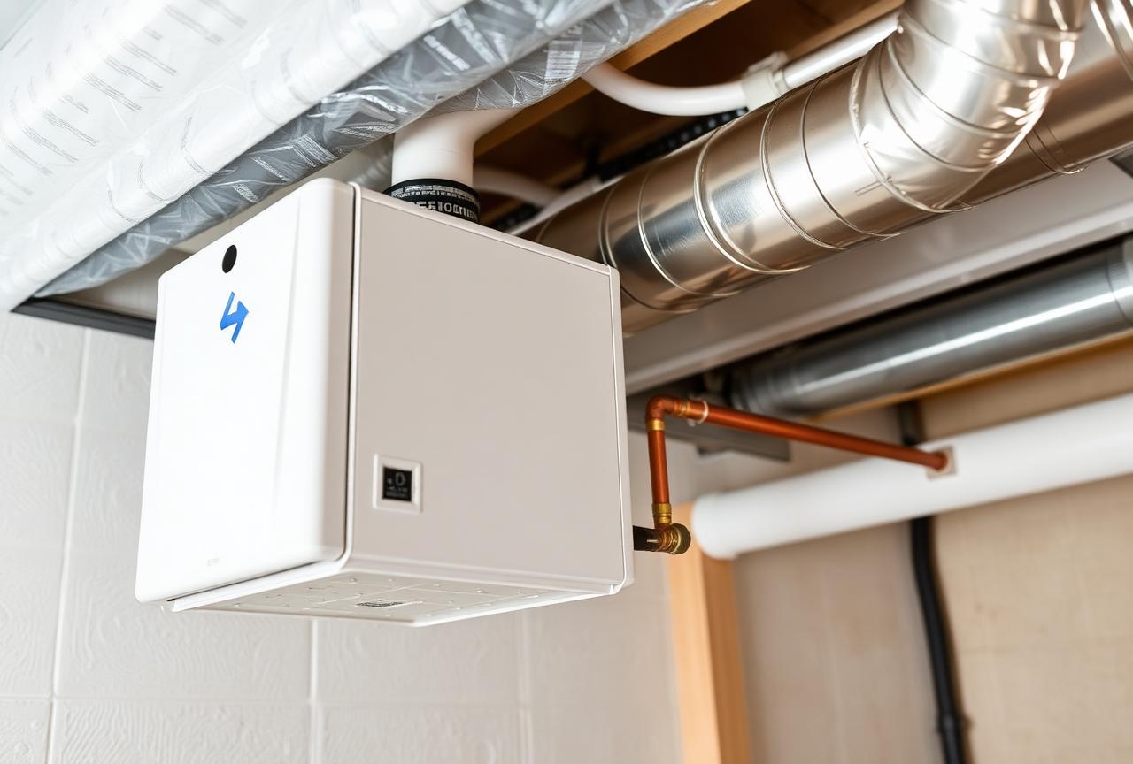 Whole-home humidifier mounted on residential furnace ductwork with copper water line in a clean basement