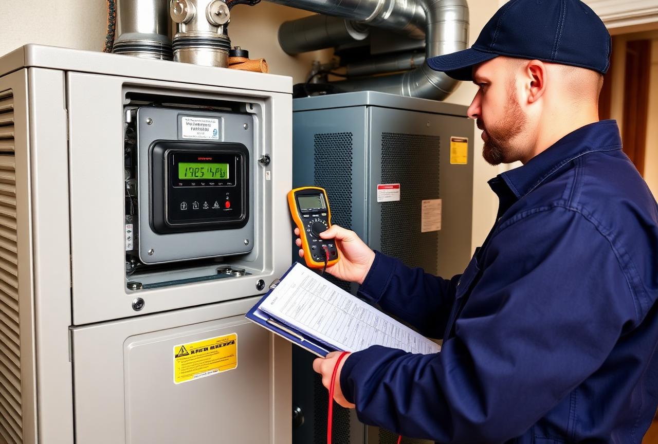 Superior Service HVAC technician performing a preventive maintenance checklist with a multimeter on a residential furnace