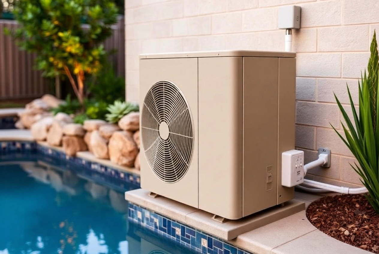 Residential pool heat pump installed beside a backyard swimming pool at a Virginia home